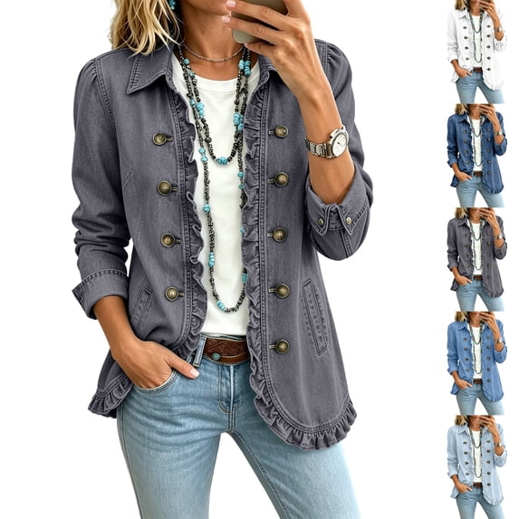 Yifymode Denim Jacket for Women Ruffle Trim Long Sleeve Button Down Vintage Western Jean Coat V Neck Casual Fall Outerwear