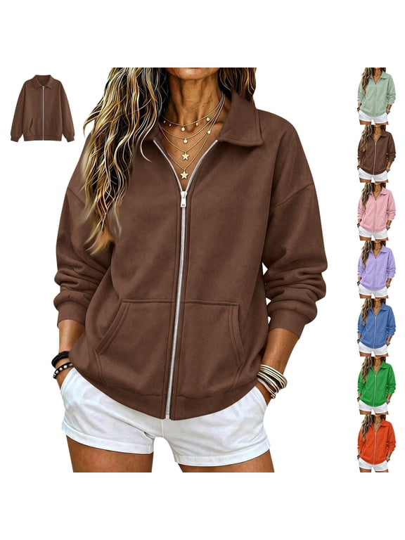 Full Zip Up Sweatshirt Women No Hood - Oversized Loose Casual Long Sleeve Collared Jacket Fall Winter Clothes