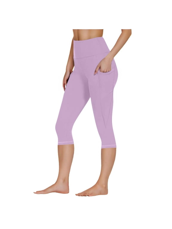 High Waisted Capri Leggings for Women Tummy Control Butt Lifting Workout Tights with Pockets,Light Purple S