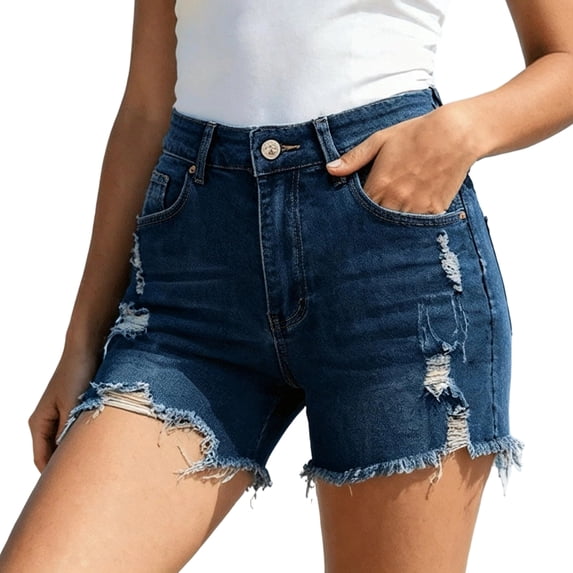 Yifymode Jean Shorts Womens Summer Mid Rise Stretchy Ripped Denim Shorts Casual Mid Thigh Cut Off Jorts with Pockets,Dark Blue 2XL