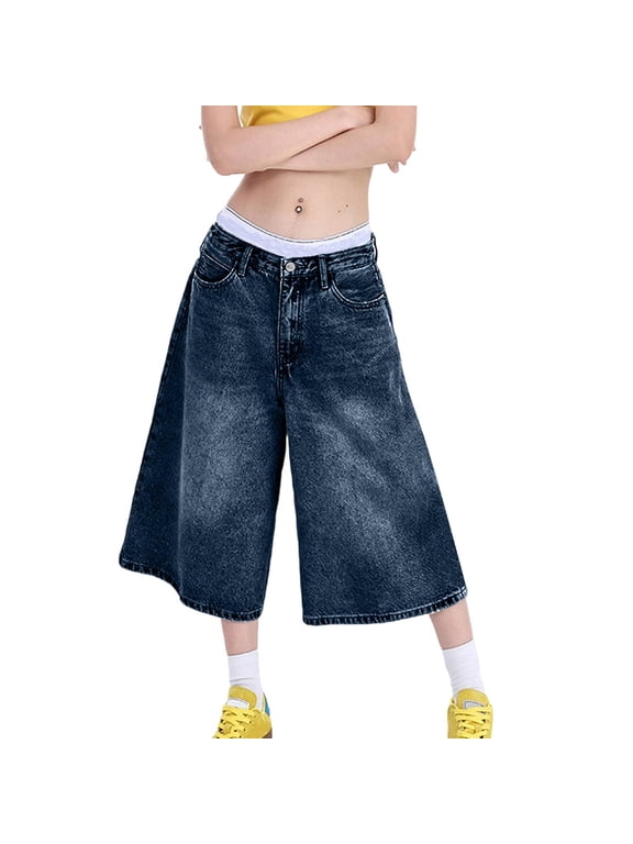 Jorts for Women Baggy Y2k Bermuda Jean Capris Wide Leg Knee Length Stretchy Denim Shorts Vintage Streetwear Shorts,Dark Blue S