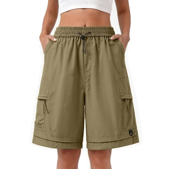 Yifymode Knee Length Women Bermuda Shorts Baggy Wide Leg Drawstring Casual Work Hiking Cargo Shorts With Pockets,Brown L