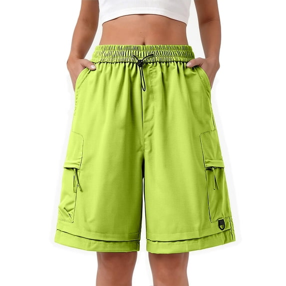 Yifymode Knee Length Women Bermuda Shorts Baggy Wide Leg Drawstring Casual Work Hiking Cargo Shorts With Pockets,Light Green 2XL