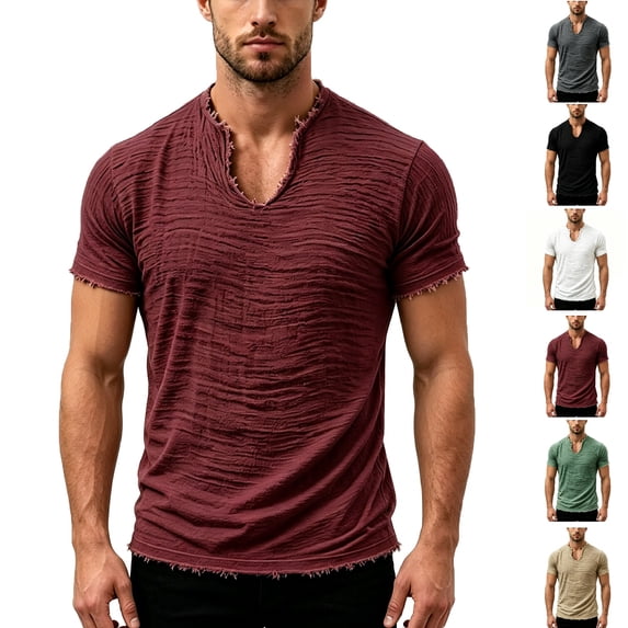 Yifymode Linen Shirts for Men Short Sleeve V Neck T Shirts Tassel Retro Casual Summer Beach Vacation Tops