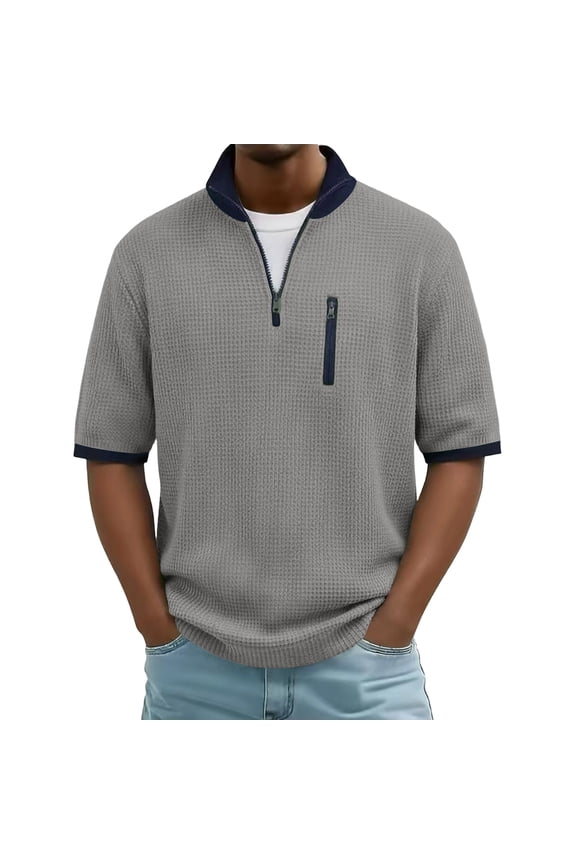 Men's Basic Zip-Up Short Sleeve Shirt, Lightweight Simple Design Casual Daily Top Gray S