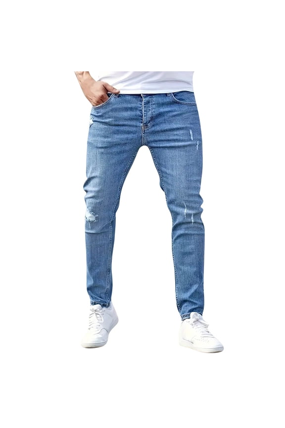 Men's Blue Slim Fit Jeans Stretch Destroyed Ripped Skinny Jeans Side Striped Denim Pants,Blue S