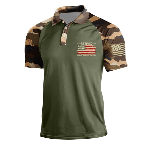 Yifymode Men's Camouflage Raglan Short Sleeve Polo, 2026 Flag Print Athletic Performance Casual Top Army Green L