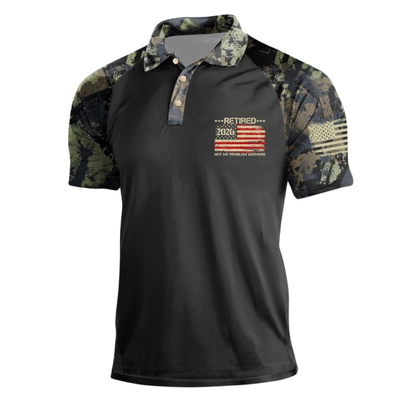 Yifymode Men's Camouflage Raglan Short Sleeve Polo, 2026 Flag Print Athletic Performance Casual Top Black 3XL