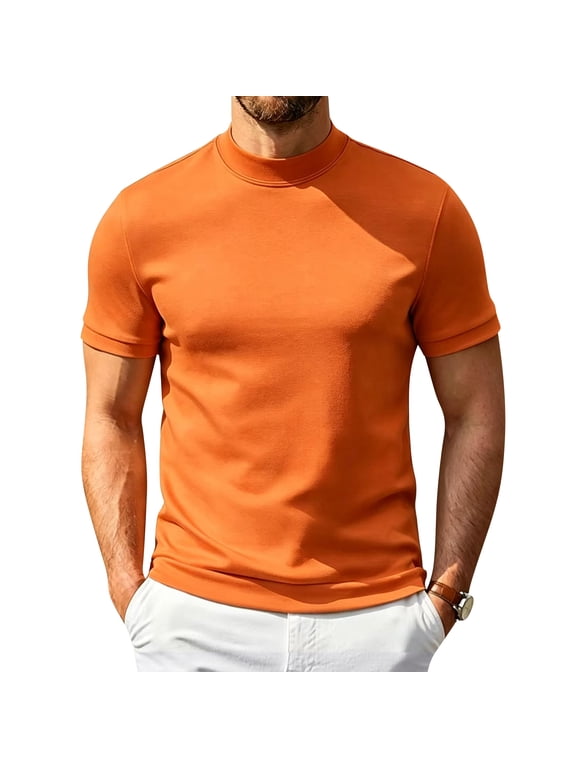 Men's Casual T-Shirts Mock Neck Short Sleeve T Shirt Stretchy Undershirt Summer Plain Basic Tees For Everyday,Orange S