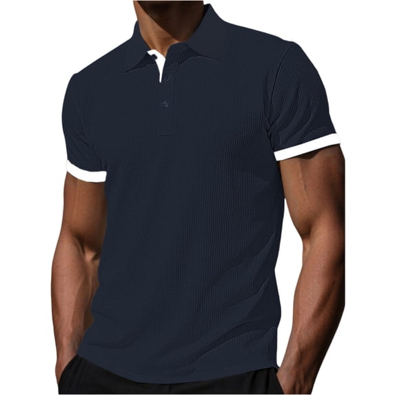Yifymode Men's Classic Fit Short Sleeve Polo Shirt, Breathable Textured Fabric with Contrast Trim for Casual Wear Navy XL