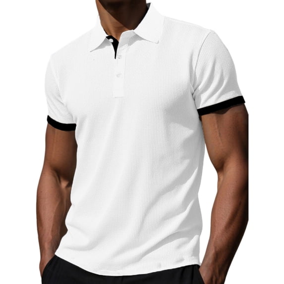 Yifymode Men's Classic Fit Short Sleeve Polo Shirt, Breathable Textured Fabric with Contrast Trim for Casual Wear White XL