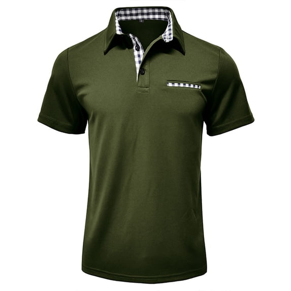 Yifymode Men's Classic Fit Short Sleeve Polo Shirt, Plaid Trim Collar Pocket Business Casual Top Army Green L