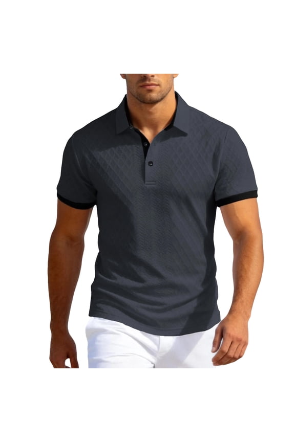 Men's Classic Short Sleeve Polo Shirt, Textured Knit Contrast Collar & Cuff Regular Fit Top Dark Gray L
