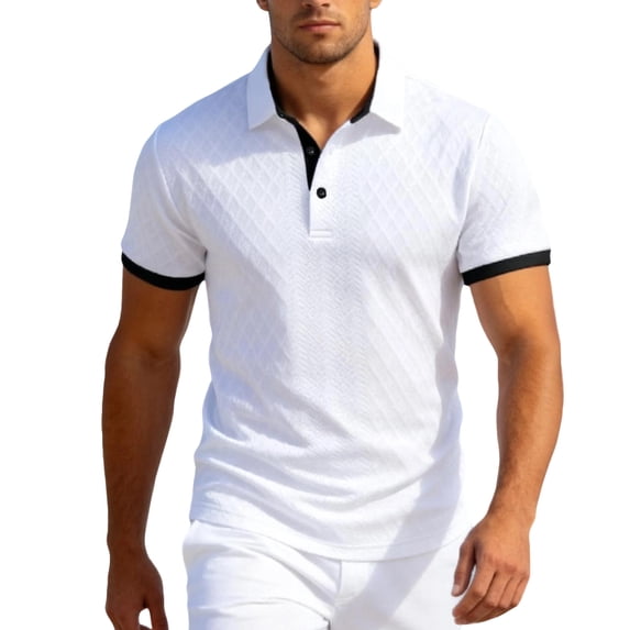 Yifymode Men's Classic Short Sleeve Polo Shirt, Textured Knit Contrast Collar & Cuff Regular Fit Top White S