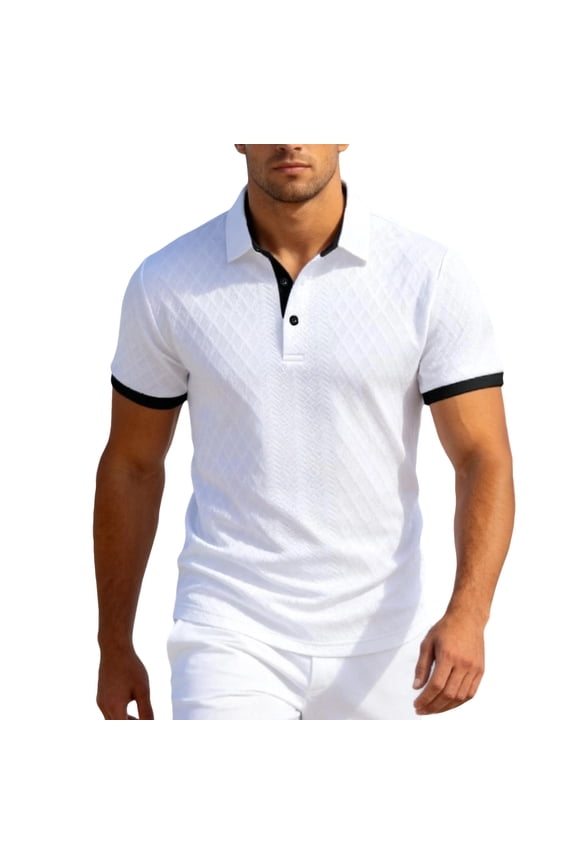 Men's Classic Short Sleeve Polo Shirt, Textured Knit Contrast Collar & Cuff Regular Fit Top White S