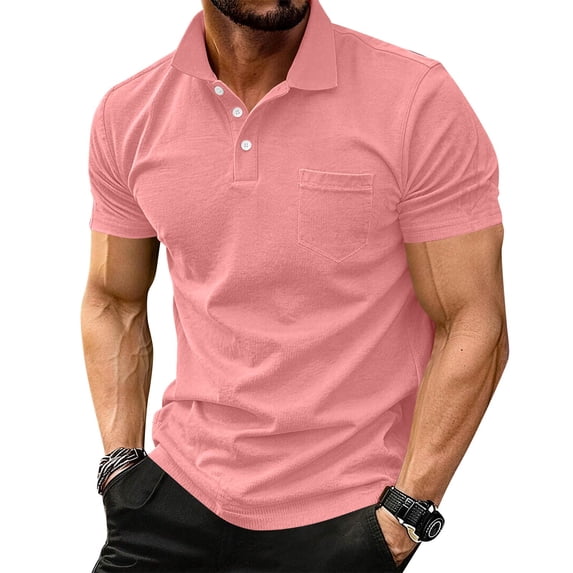 Yifymode Men's Cotton Short Sleeve Polo Shirt, Button-Down Collar Pocket Classic Fit Casual Top Pink M