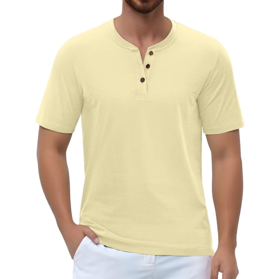 Yifymode Men’s Henley Shirt Casual Short Sleeve T-Shirt for Summer Beach Vacation,Beige S