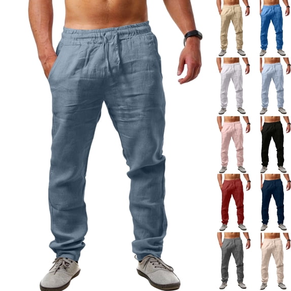 Yifymode Men's Linen Pants Baggy Straight Leg School Uniform Pants Cozy Elastic Waist Summer Beach Lounge Trousers with Pockets