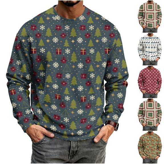 Yifymode Men's Long Sleeve Crewneck T Shirt, Waffle Texture Loose Fit Athletic Top, Christmas Funny Print Casual Workout Gym Tee for Men