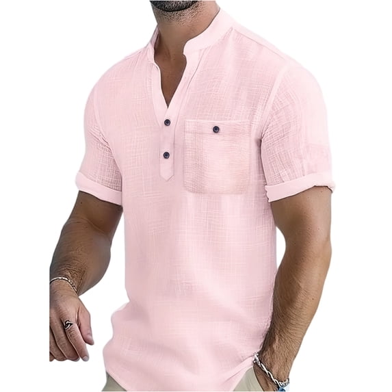 Yifymode Men's Mandarin Collar Linen Henley Shirt, Short Sleeve Chest Pocket Comfort Casual Top Pink L