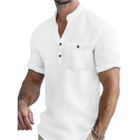 Yifymode Men's Mandarin Collar Linen Henley Shirt, Short Sleeve Chest Pocket Comfort Casual Top White XL