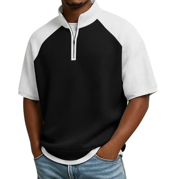 Yifymode Men's Raglan Sleeve Waffle Knit Half Zip Top, Short Sleeve Loose Fit Lightweight Casual Shirt Black 3XL