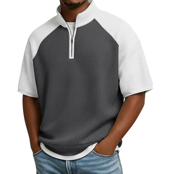 Yifymode Men's Raglan Sleeve Waffle Knit Half Zip Top, Short Sleeve Loose Fit Lightweight Casual Shirt Dark Gray 2XL