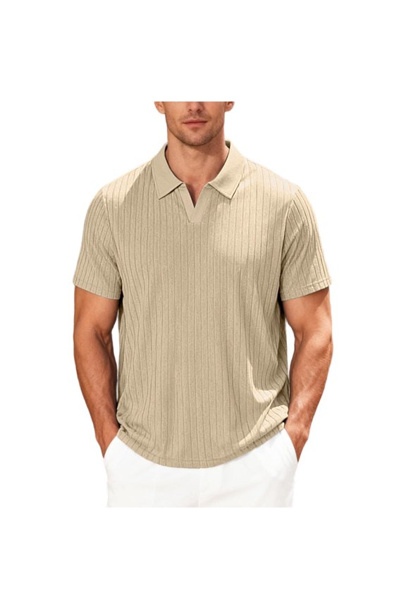 Men's Ribbed Knit Short Sleeve Polo Shirt, Classic Collar Split Neck Design Textured Casual Top Khaki L