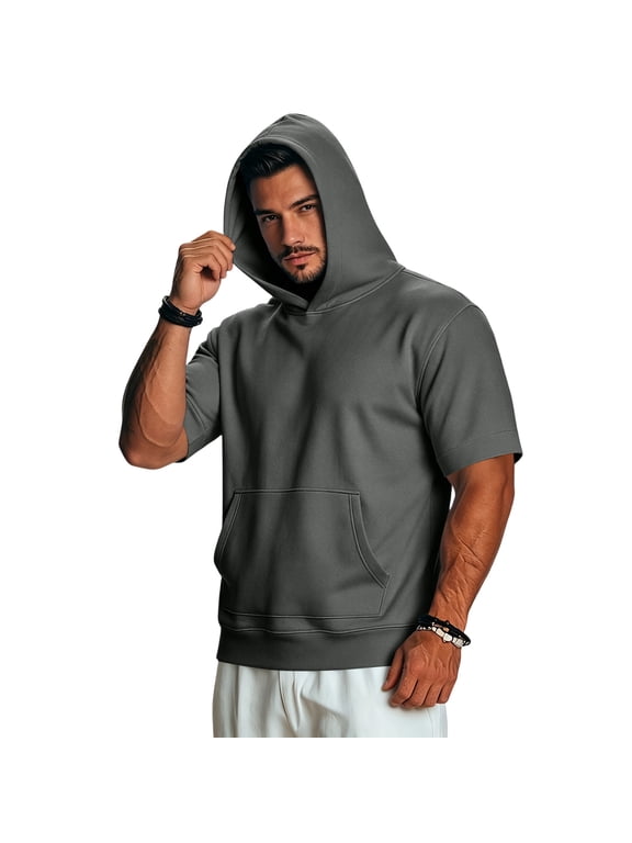 Men's Short Sleeve Hoodie Athletic Workout T-Shirt Gym Running Pullover Hooded Sweatshirt with Pocket,Dark Gray 4XL