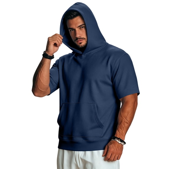 Yifymode Men's Short Sleeve Hoodie Athletic Workout T-Shirt Gym Running Pullover Hooded Sweatshirt with Pocket,Navy S