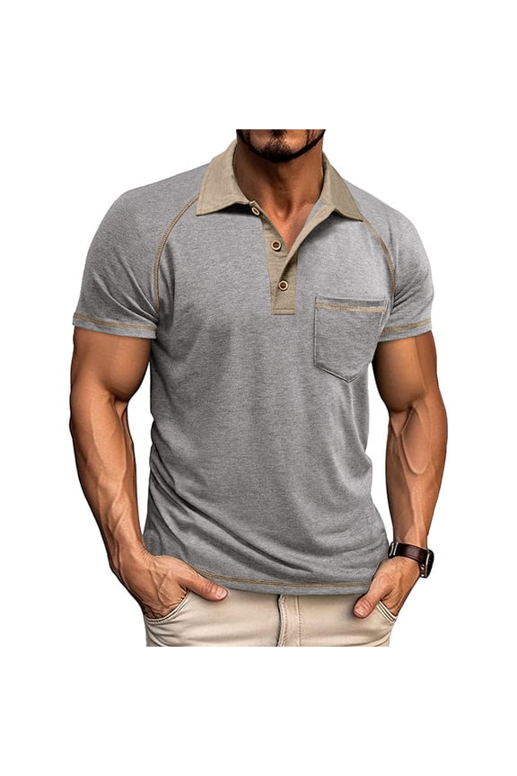 Men's Short Sleeve Polo Shirt, Button Placket Chest Pocket Soft Breathable Fabric Classic Fit Top Light Gray XL