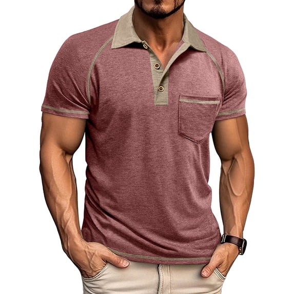 Yifymode Men's Short Sleeve Polo Shirt, Button Placket Chest Pocket Soft Breathable Fabric Classic Fit Top Wine L