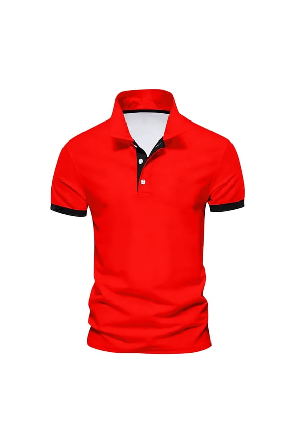 Men's Slim Fit Short Sleeve Polo Shirt, Contrast Collar Button Placket Soft Knit Casual Top Red L