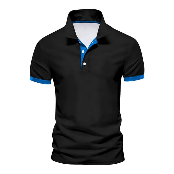 Yifymode Men's Spread Collar Short Sleeve Polo Shirt, Contrast Trim Soft Knit Lightweight Casual Top Black L