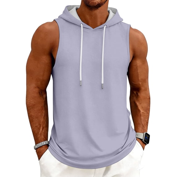 Yifymode Men's Tank Top Gym Sleeveless Hoodies Summer Casual Hooded Shirts Muscle Bodybuilding Lightweight Sweatshirts,Light Purple L