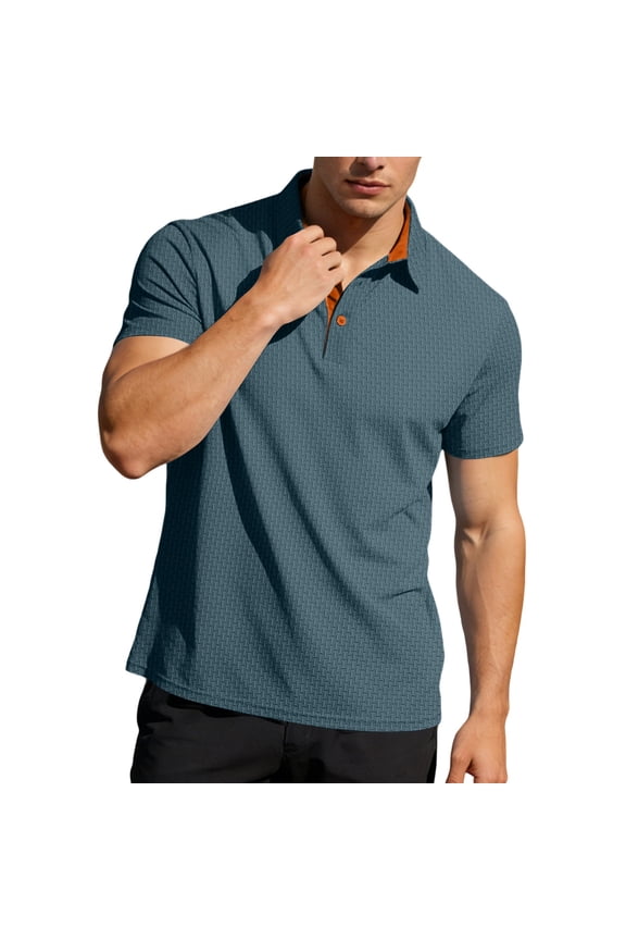 Men's Textured Knit Short Sleeve Polo Shirt, Classic Collar Button Placket Regular Casual Fit Top Navy L