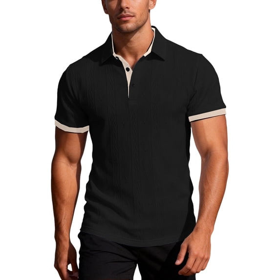 Yifymode Men's Textured Knit Short Sleeve Polo Shirt, Contrast Collar Regular Fit Everyday Casual Top Black L