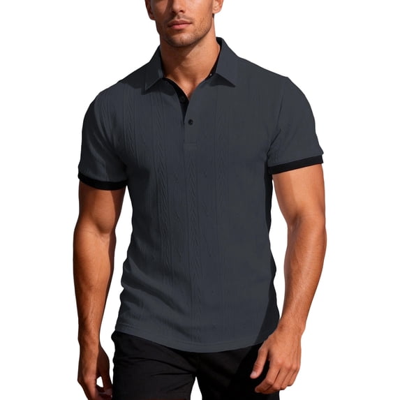 Yifymode Men's Textured Knit Short Sleeve Polo Shirt, Contrast Collar Regular Fit Everyday Casual Top Dark Gray 3XL