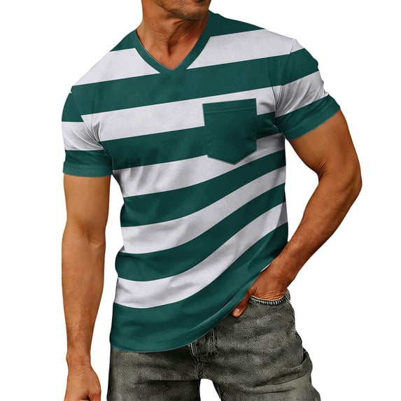 Yifymode Men's V Neck Short Sleeve T-Shirt, Wide Horizontal Stripe Print Chest Pocket Casual Top Green M