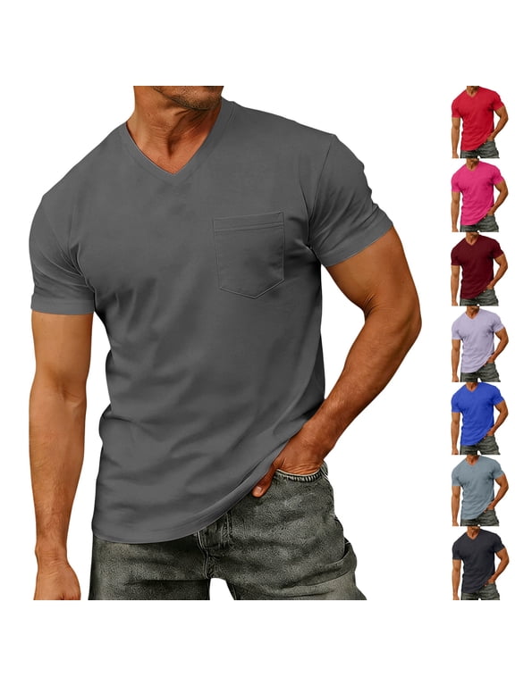 Men's V Neck T-Shirt Short Sleeve Chest Pocket Soft Lightweight Casual Daily Wear Tees for Men