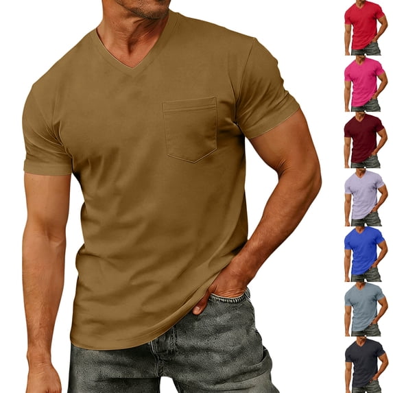 Yifymode Men's V Neck T-Shirt Short Sleeve Chest Pocket Soft Lightweight Casual Daily Wear Tees for Men
