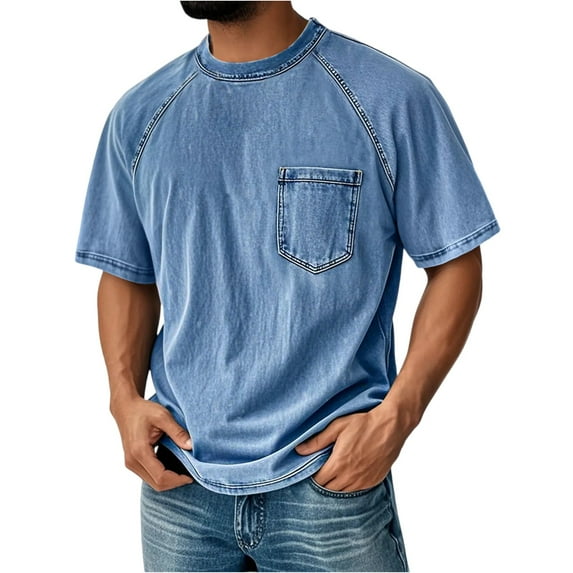 Yifymode Men's Vintage Washed Crew Neck Short Sleeve T-Shirt, Relaxed Fit with Chest Pocket Casual Style Sky Blue L