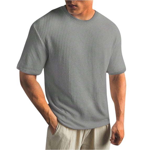 Yifymode Men's Waffle Knit Crew Neck Short Sleeve T-Shirt, Classic Fit Textured Breathable Casual Top Gray XL