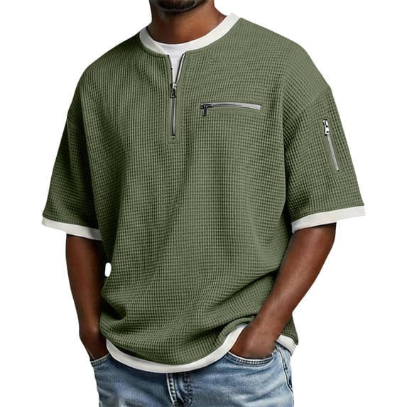 Yifymode Men's Waffle Textured Half Zip Short Sleeve Shirt, Zipper Pockets Loose Fit Casual Pullover Top Army Green L