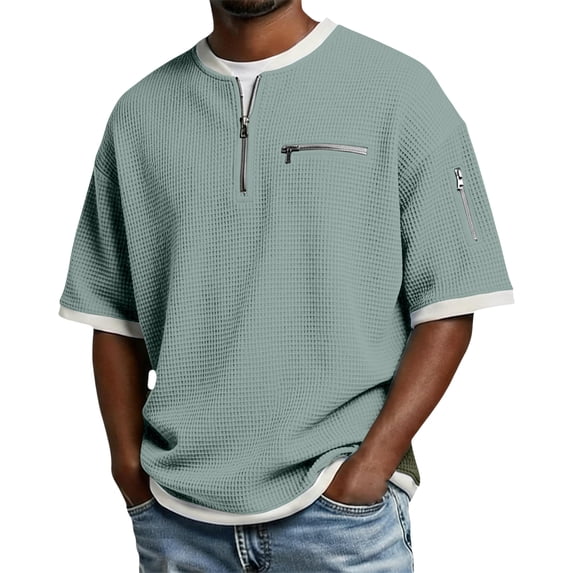 Yifymode Men's Waffle Textured Half Zip Short Sleeve Shirt, Zipper Pockets Loose Fit Casual Pullover Top Light Green L