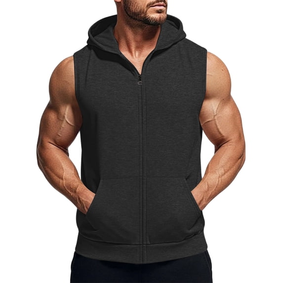 Yifymode Men's Workout Hooded Tank Tops Fashion Muscle Zip Up Sleeveless Hooded Slim Fit Gym Cut Off T Shirt,Black 2XL