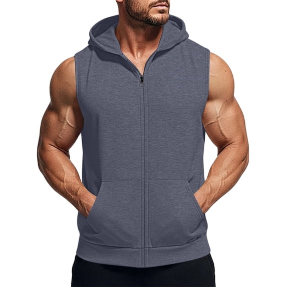 Yifymode Men's Workout Hooded Tank Tops Fashion Muscle Zip Up Sleeveless Hooded Slim Fit Gym Cut Off T Shirt,Dark Gray M