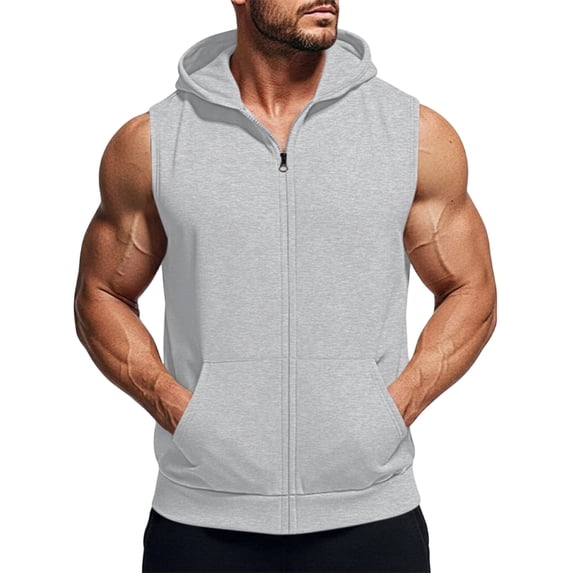 Yifymode Men's Workout Hooded Tank Tops Fashion Muscle Zip Up Sleeveless Hooded Slim Fit Gym Cut Off T Shirt,Light Gray XL