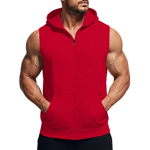 Yifymode Men's Workout Hooded Tank Tops Fashion Muscle Zip Up Sleeveless Hooded Slim Fit Gym Cut Off T Shirt,Red L