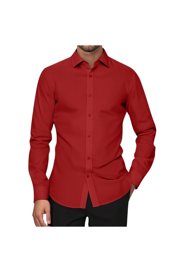 Men's Wrinkle Free Dress Shirts Regular Fit Button Down Collar Solid Shirts Formal Business Casual Long Sleeve Shirts,Red L